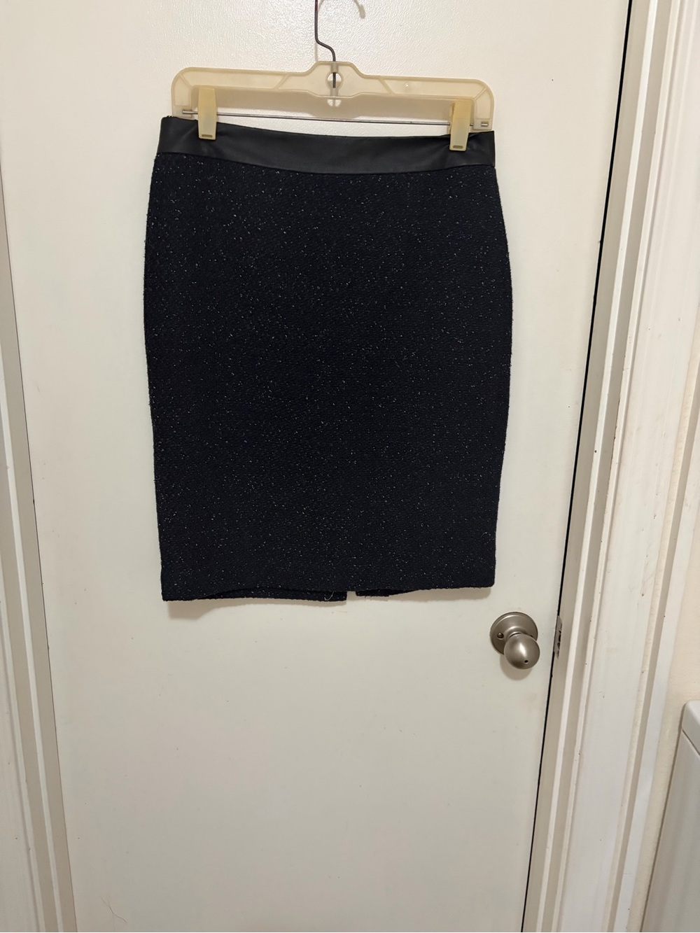 Ann Taylor Black Sparkle Pencil Skirt with Faux Leather Waistband